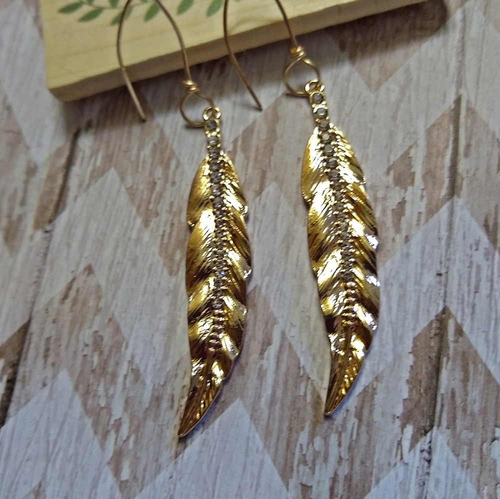 Gold Leaf Earrings with Zircon Bling - Picture 8 of 8